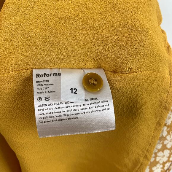 Reformation Gracie Short Sleeve Floral Print Crepe Mini Dress In Peru Yellow 12 - Picture 7 of 8